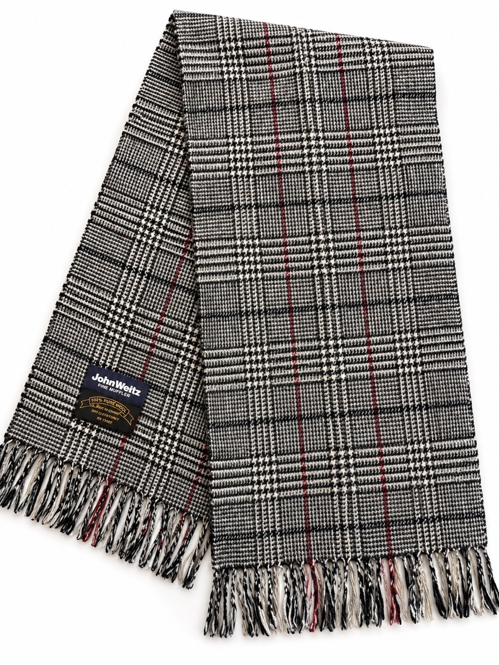 1980s John Weitz Pure Wool Plaid Scarf Gray Black Red Fringe Vintage Classic
